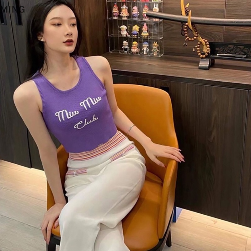 Áo Dệt Kim Sát Nách Cổ Tròn In Chữ Thời Trang Mùa Hè Cho Nữ