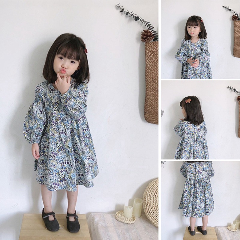 Đầm Công Chúa Cotton Tay Dài In Hoa Thời Trang Xuân Hạ Mới Cho Bé Gái