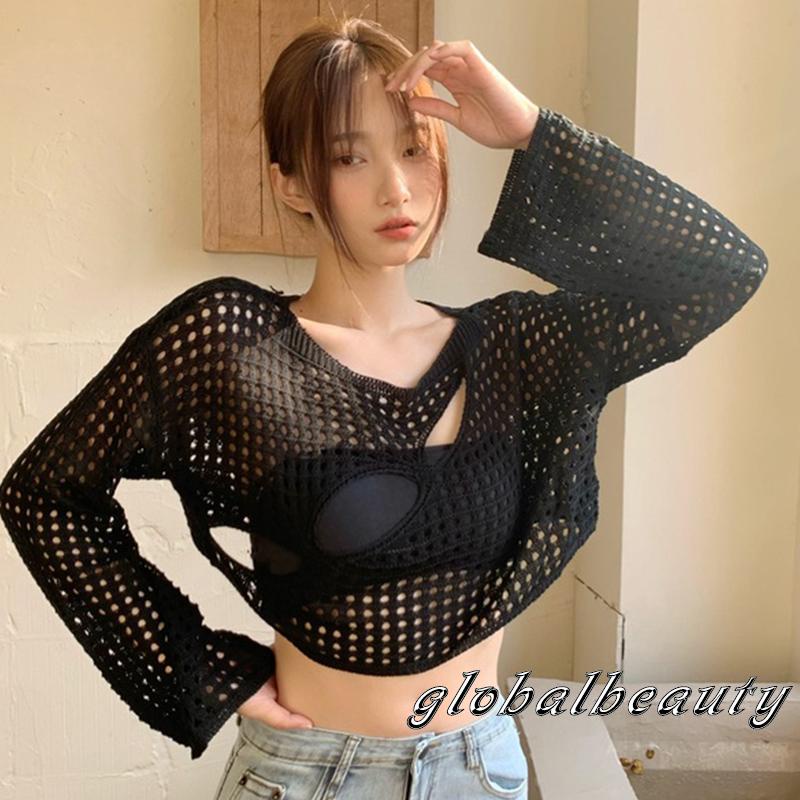 Áo Thun Dệt Kim Tay Dài Cổ Tròn Dáng Rộng Khoét Lỗ Thời Trang Cho Nữ