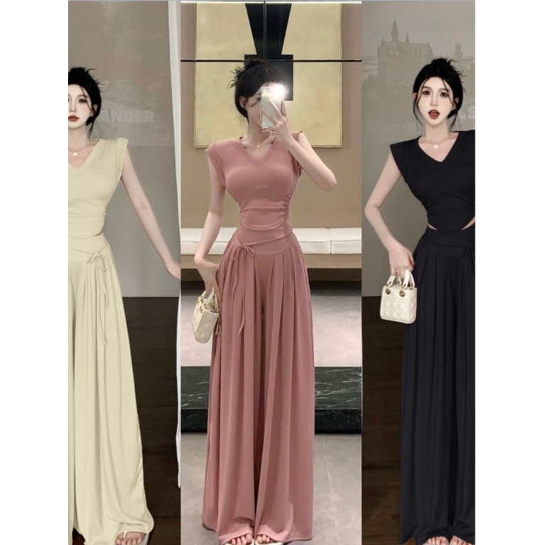 Bộ Áo Cổ Chữ V + Quần Culottes Ống Rộng Phong Cách Phương Tây Thời Trang 2023 Cho Nữ