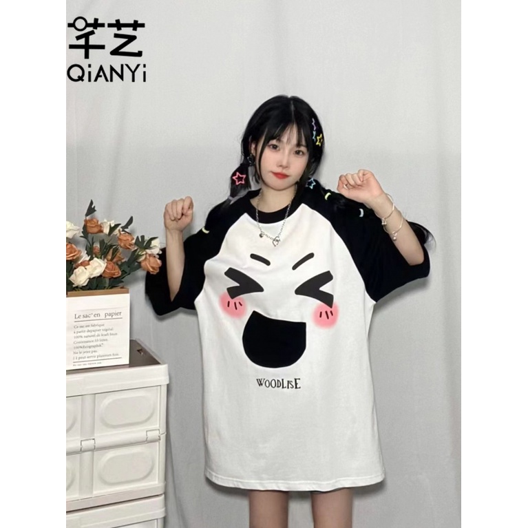 Áo Thun Raglan Tay Ngắn In Họa Tiết Biểu Tượng Cảm Xúc Nặng Gram Dễ Thương Thời Trang Mùa Hè Cho Nữ