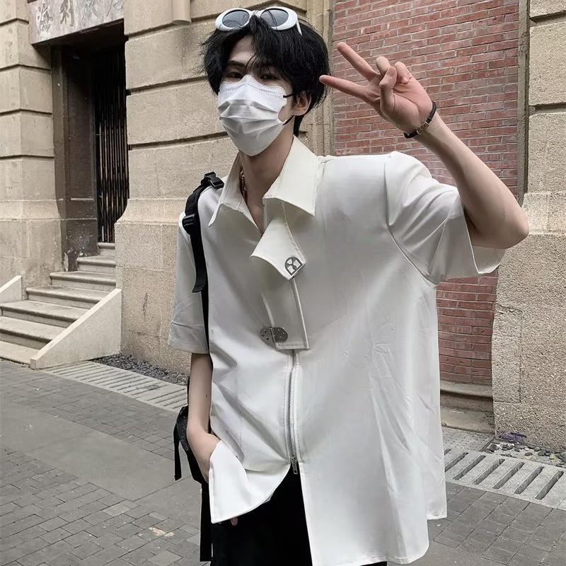 Áo Sơ Mi Nam Tay Ngắn Có Nút Kim Loại Cao Cấp Phong Cách Hàn Quốc