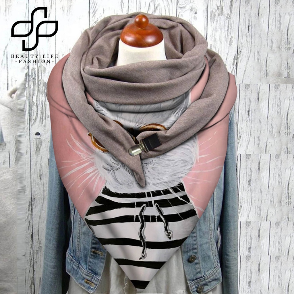 Khăn Choàng Cổ Giữ Ấm Mùa Đông Chất Liệu Polyester Mềm Mịn In Họa Tiết Mèo Dễ Thương Cho Nữ