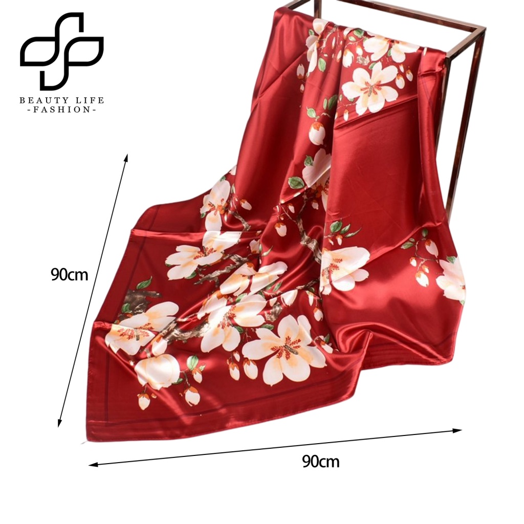 Khăn Choàng Lụa Vuông Họa Tiết Hoa Đào Trang Nhã Cho Nữ