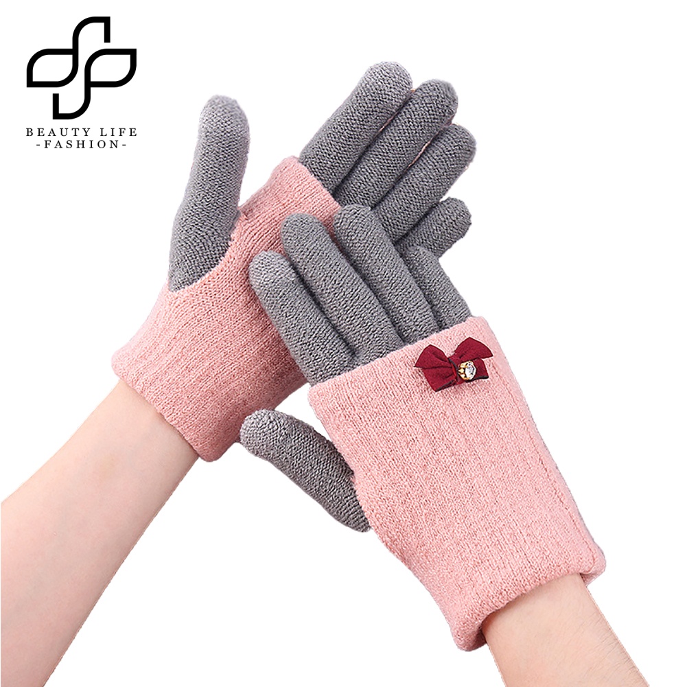 Đôi Găng Tay Len Hở Ngón Gắn Nơ Có Thể Dùng Màn Hình Cảm Ứng Thời Trang Cho Nữ