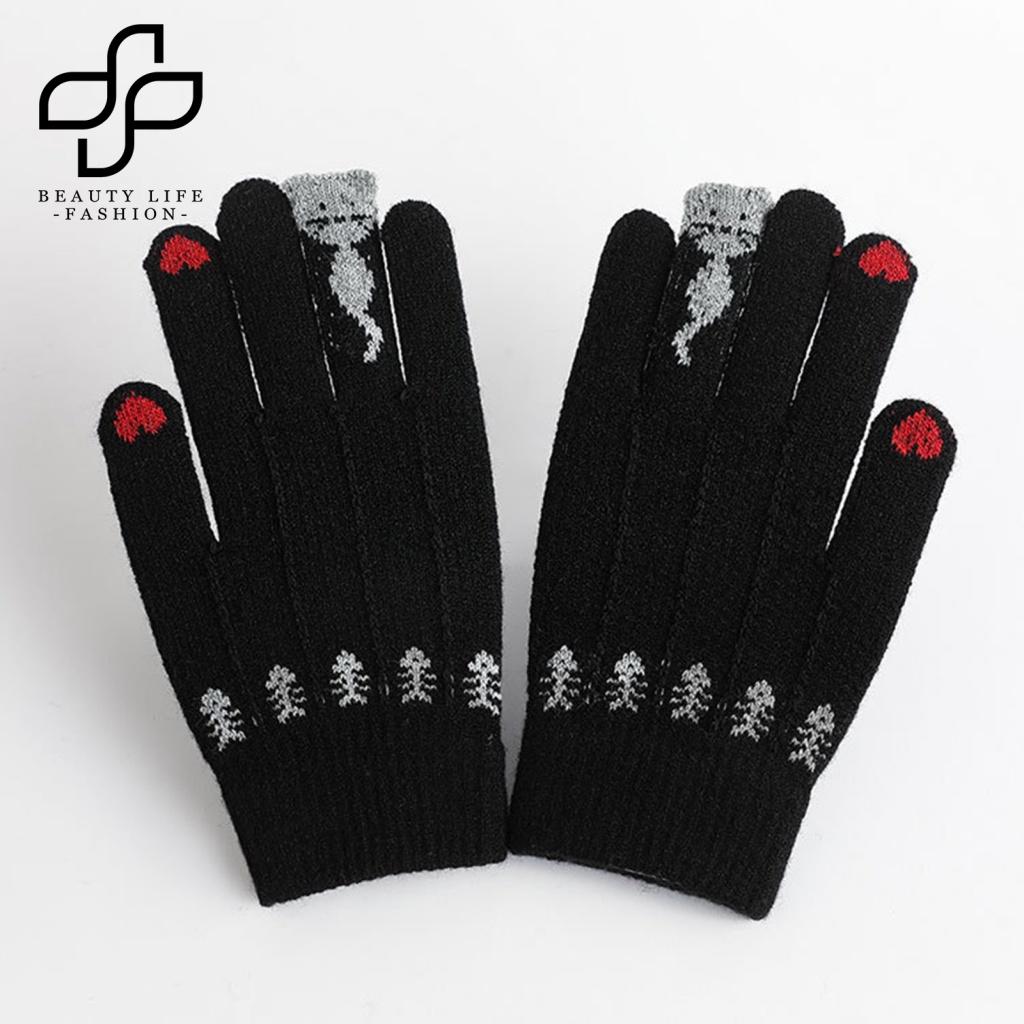 1 Đôi Găng Tay Dệt Kim Lót Lông Cừu Dày Dặn Họa Tiết Mèo Có Thể Chạm Màn Hình Cảm Ứng
