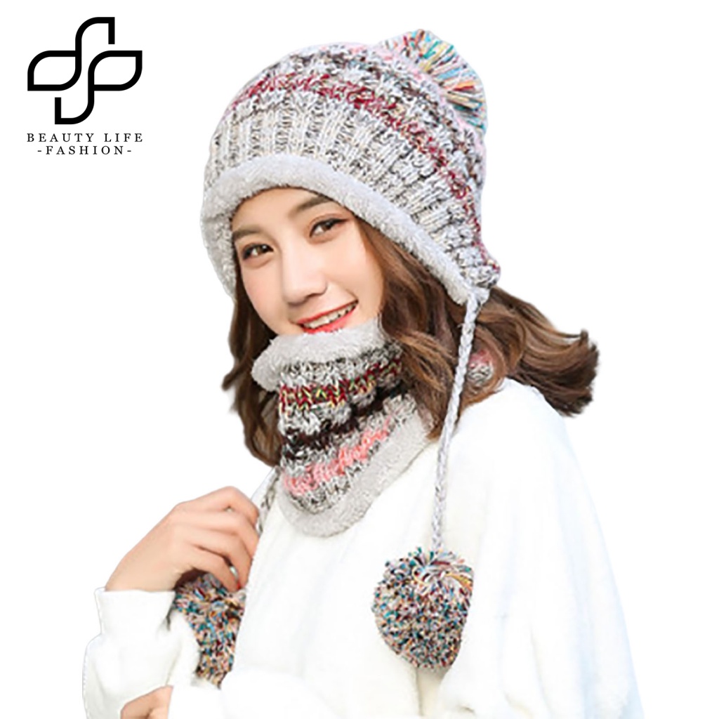 1 Set Mũ Len Beanie Kèm Khăn Choàng Cổ Không Vành Kẻ Sọc Nhiều Màu Sắc Co Giãn Dành Cho Mùa Thu Đông