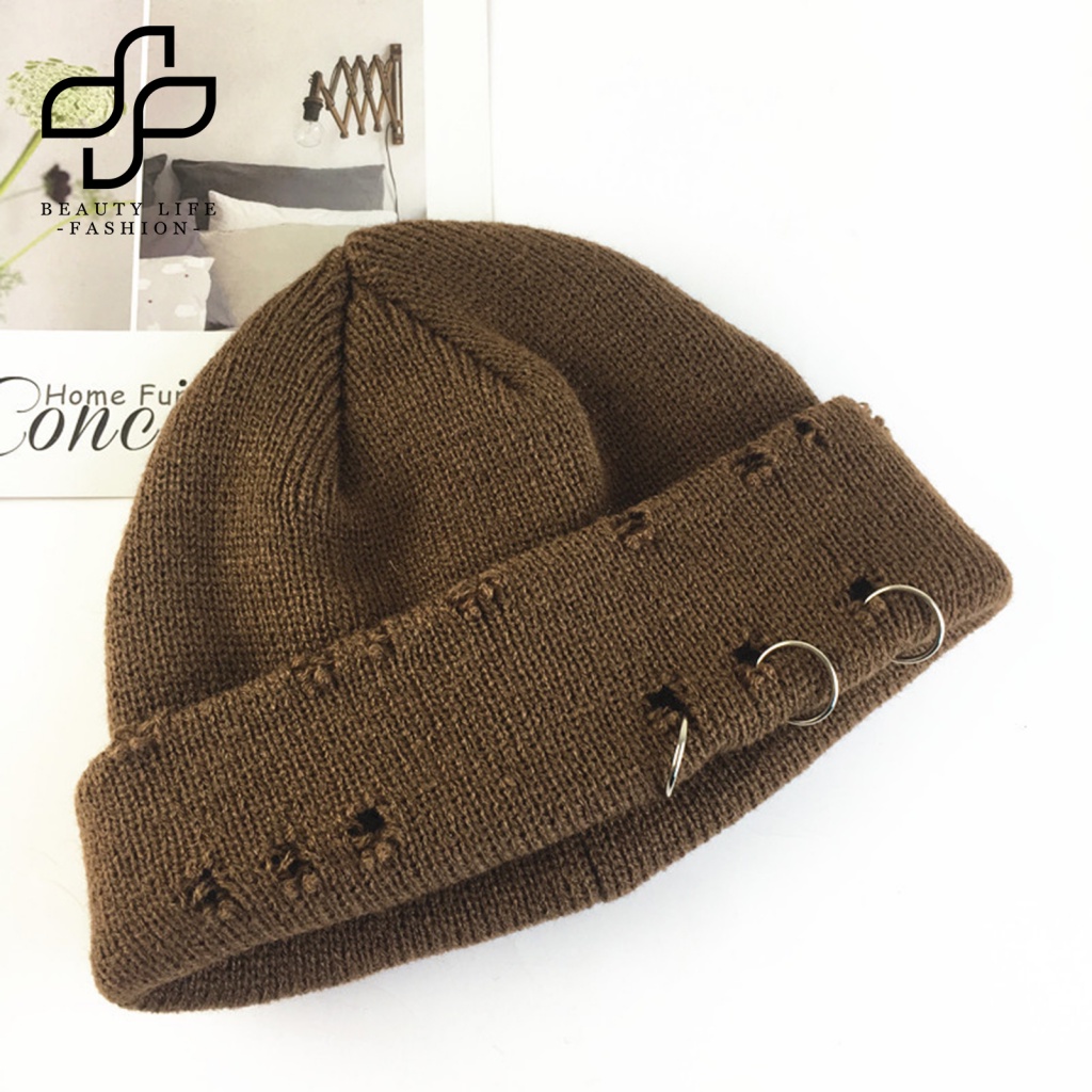 Mũ Dệt Kim Acrylic Màu Trơn Không Phai Màu Chống Gió Giữ Ấm Mùa Thu Đông Có Vòng Nhẫn Trang Trí Phong Cách Cổ Điển Có Thể Giặt Rửa