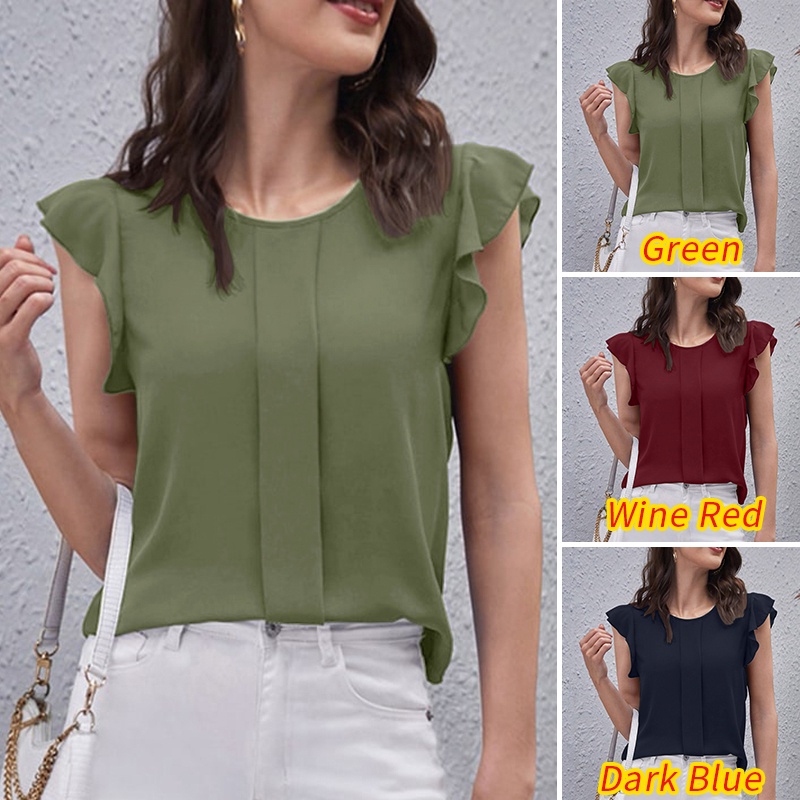 Zanzea Áo Nữ Cộc Tay Nhún Bèo Cổ Tròn Thời Trang