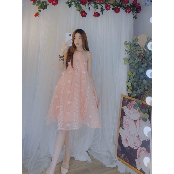 VÁY 2 DÂY CỔ YẾM HOA NỔI 2 LỚP ULZZANG FORM XOÈ RỘNG alohashop91