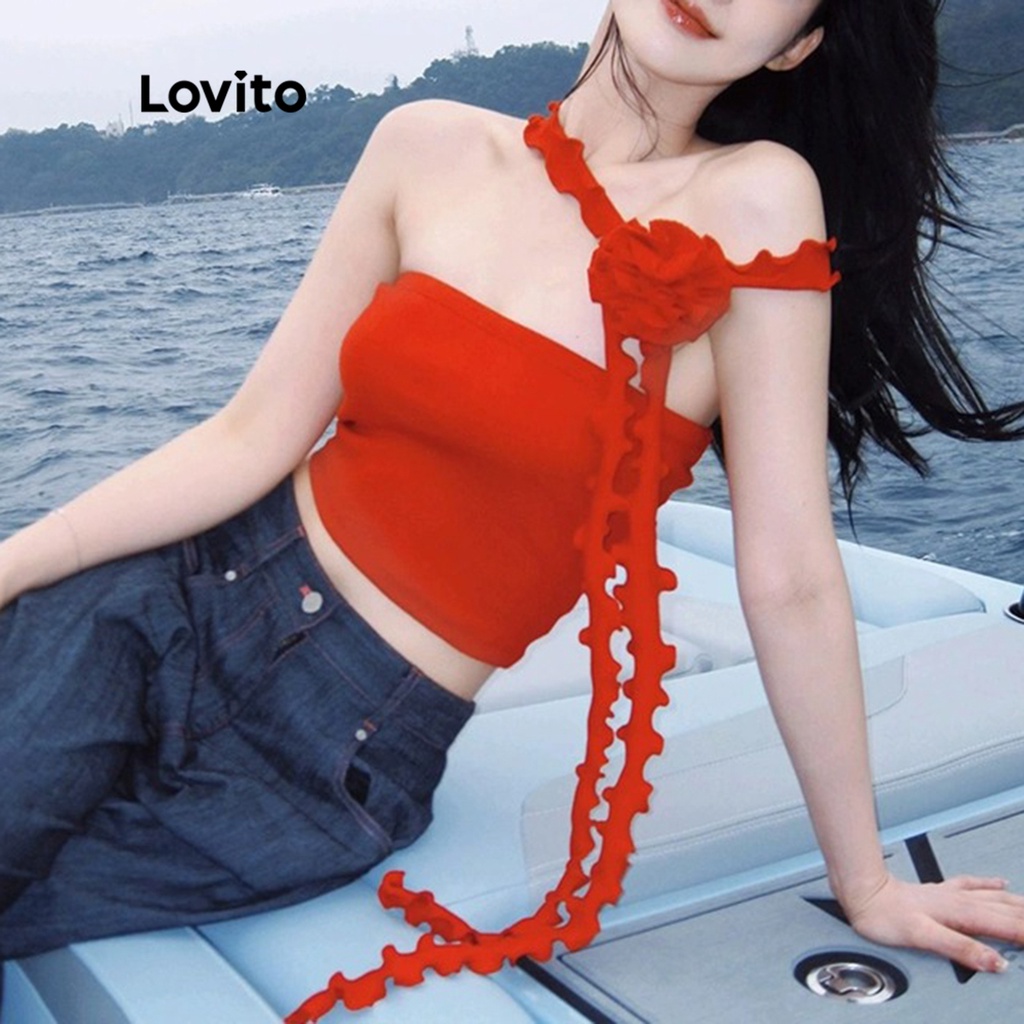 Lovito Áo ba lỗ không tay phối ren hoa đơn giản cho nữ LNA10160 (Màu đỏ)