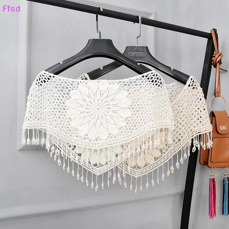 {Ffsd} Khăn Choàng Cổ Rộng Dệt Kim Phối Ren Rỗng Màu Trắng Phong Cách Cho Nữ * Bán Chạy