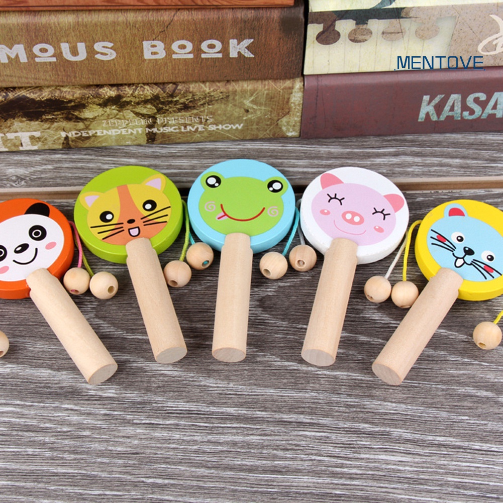 Trống Lục Lạc Cầm Tay Bằng Gỗ Hình Động Vật Hoạt Hình Cho Bé