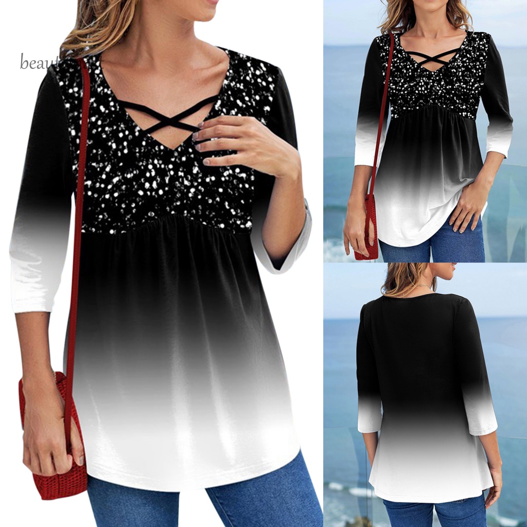 Beautymartm1 Áo Thun Polyester Chui Đầu In Màu Gradient Bắt Mắt Dễ Phối Đồ Cho Nữ