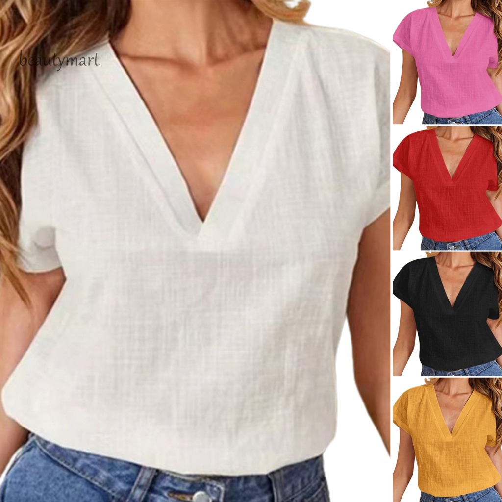 Áo Thun Tay Ngắn Cổ Chữ V Màu Trơn Thoáng Khí Thời Trang Đường Phố Cho Nữ beautymartm1