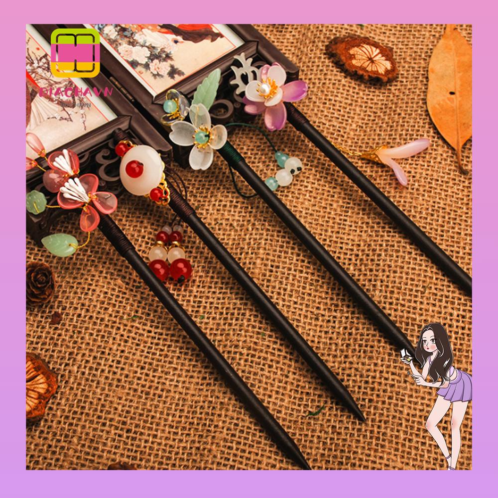 Trâm Cài Tóc Bằng Gỗ Mun Phối Tua Rua Phong Cách Cổ Điển Thời Trang