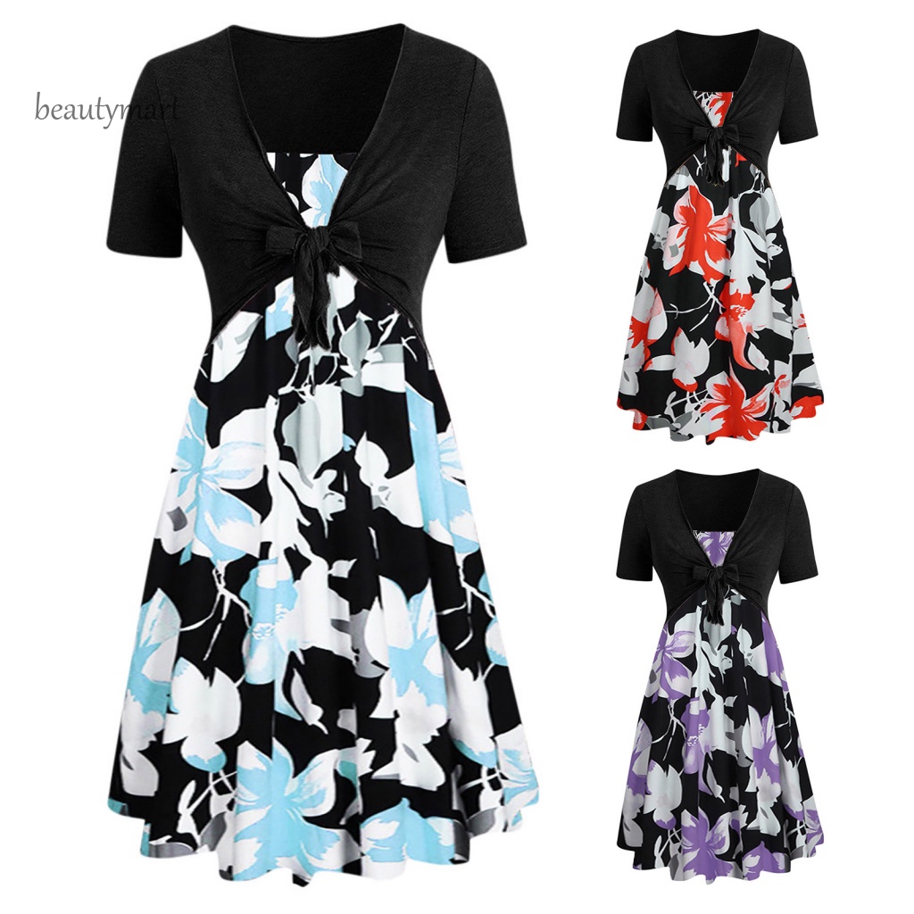 1 Đầm Midi Giả Hai Mảnh Dáng Chữ A Tay Ngắn In Họa Tiết Hoa Thắt Nơ Trước Phong Cách Đường Phố Cho Nữ