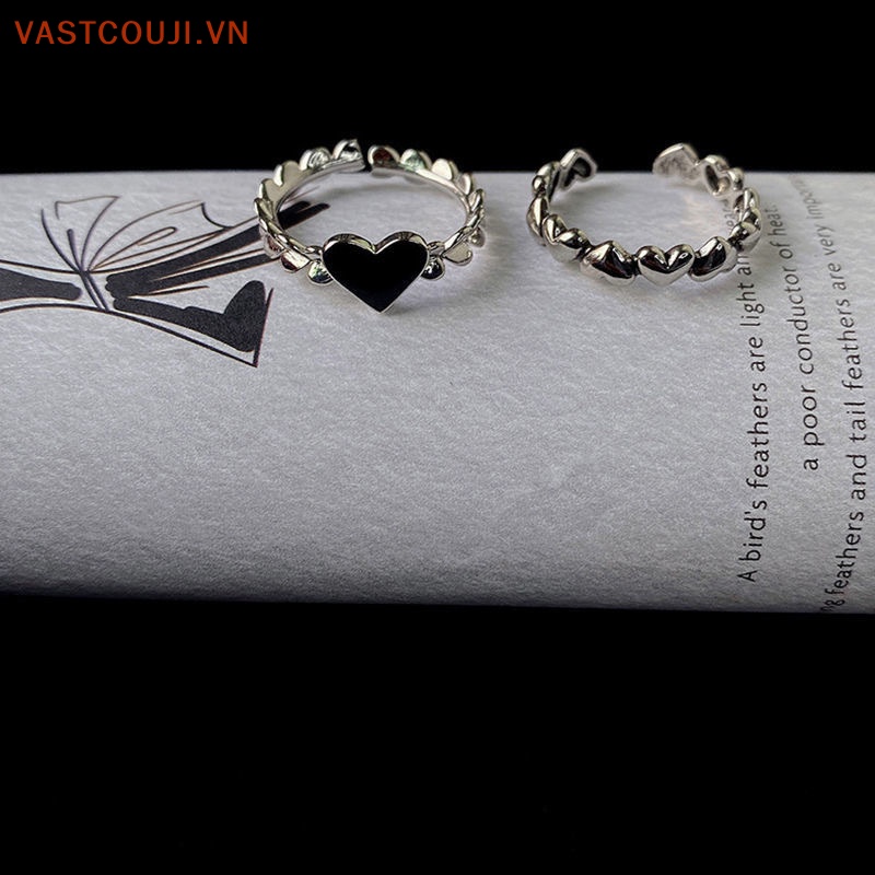 Bộ 2 Nhẫn Hình Trái Tim Màu Đen Phong Cách Cổ Điển Thời Trang Cho Nữ