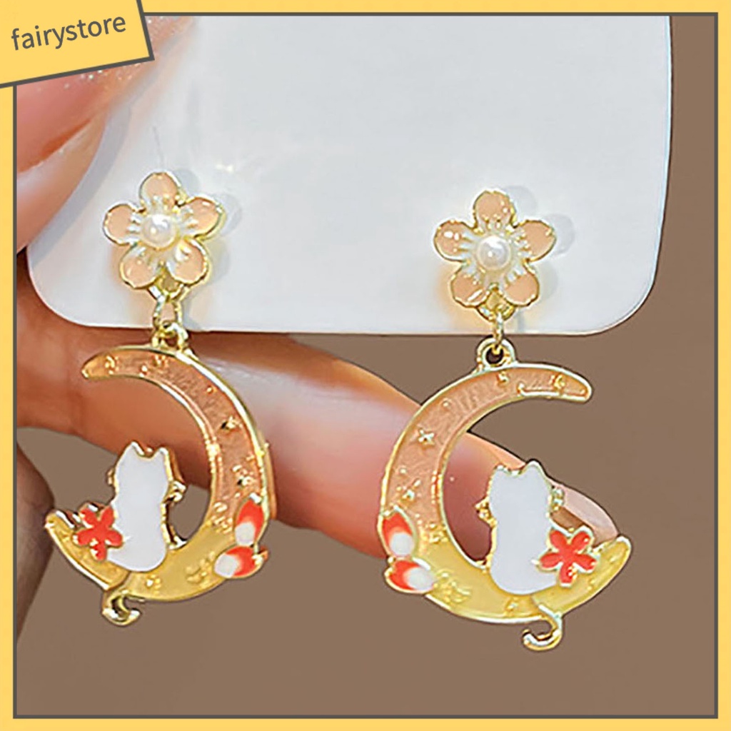 1 Đôi Bông Tai Xỏ Lỗ Mạ Điện Họa Tiết Hoa / Mặt Trăng / Thỏ / Hình Học Đơn Giản Thời Trang Dành Cho Nữ