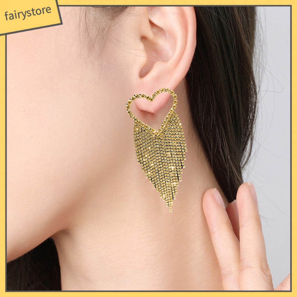 [FRO] 1 Đôi Bông Tai Thả Dài Hình Trái Tim Đính Kim Cương Giả Lấp Lánh Chống Dị Ứng Phong Cách Hàn Quốc