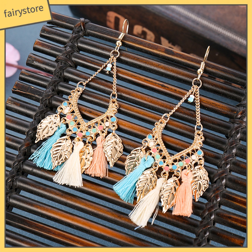 1 Đôi Bông Tai Móc Hình Chiếc Lá Tua Rua Dáng Dài Phong Cách Vintage