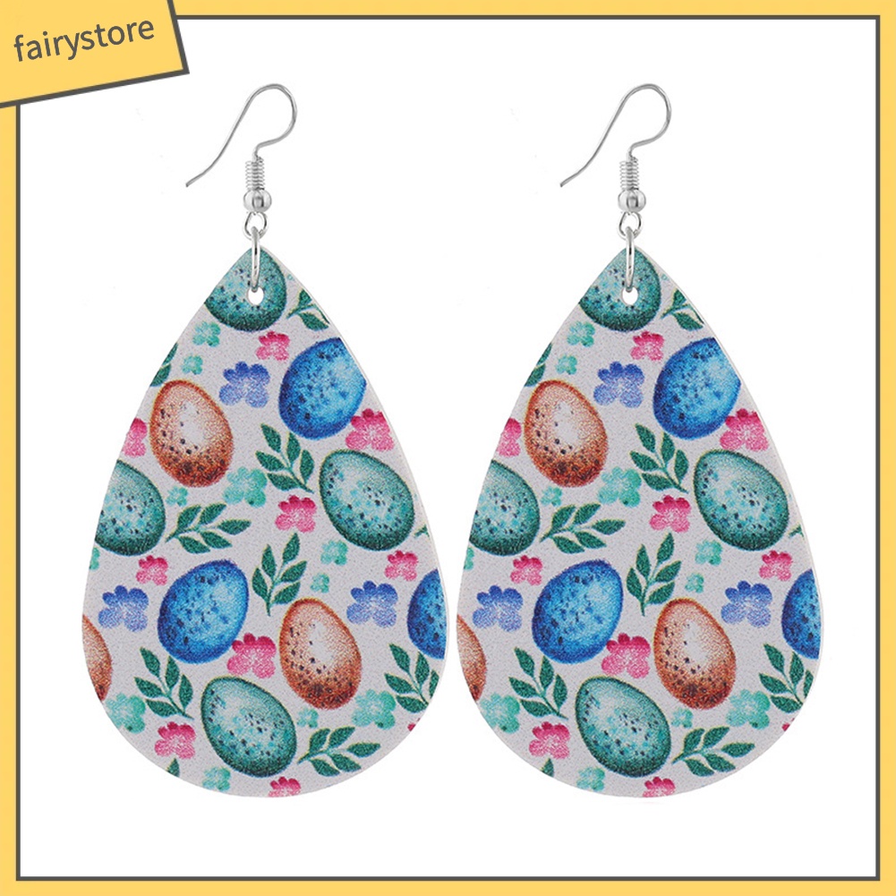 Bông Tai Giả Da Hình Giọt Nước Họa Tiết Thỏ Phục Sinh Dành Cho Nữ