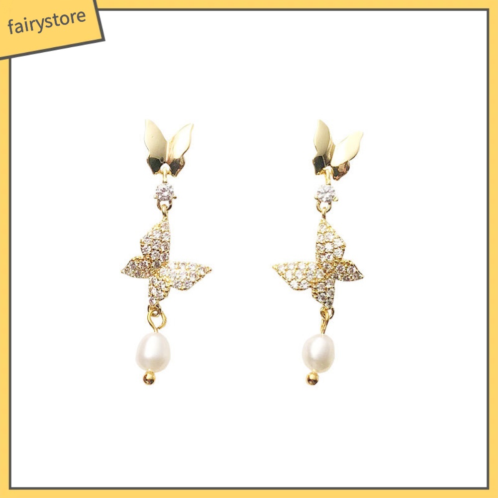 Bông Tai Hình Bướm Đính Đá Ngọc Trai Giả Thời Trang Dành Cho Nữ