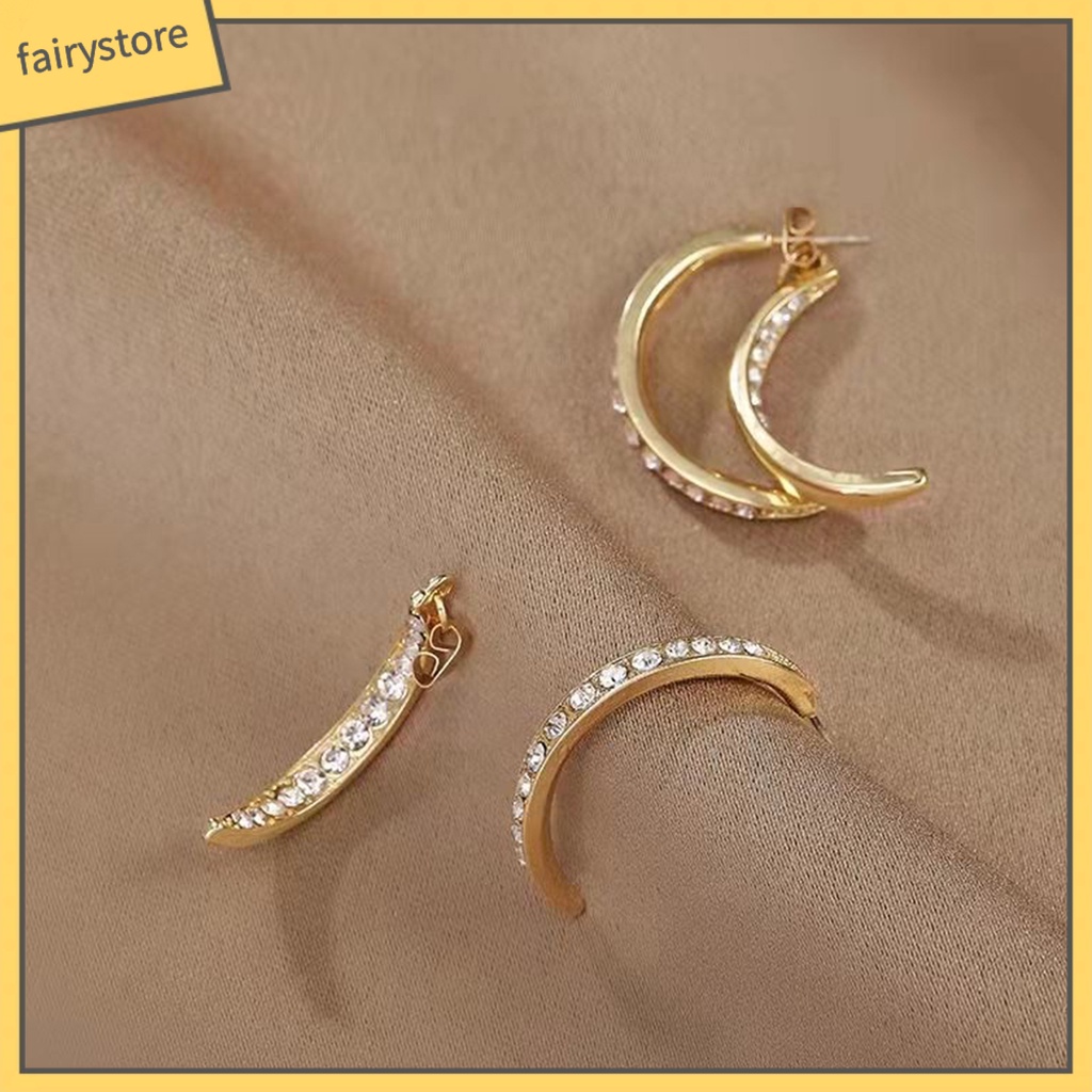 [FRO] Bông Tai Đính Đá Hình Mặt Trăng Vòng Cung Tinh Tế Lấp Lánh Cho Nữ