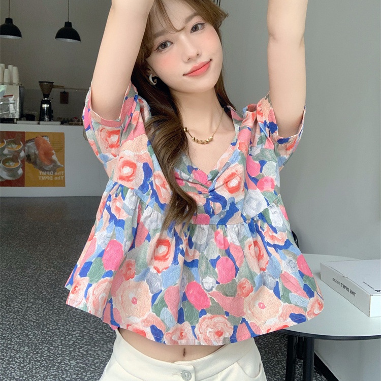 Liên Kết Với Nhau ✿ Áo Sơ Mi Ngắn Tay Cổ Chữ V In Hoa Thời Trang Dành Cho Nữ