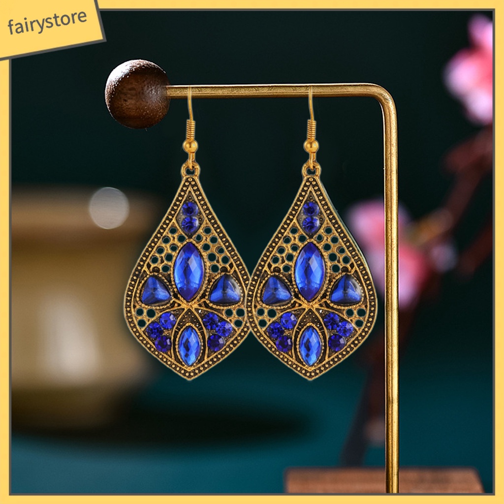 1 Đôi Bông Tai Hình Giọt Nước Đính Đá Phong Cách Retro Dành Cho Nữ