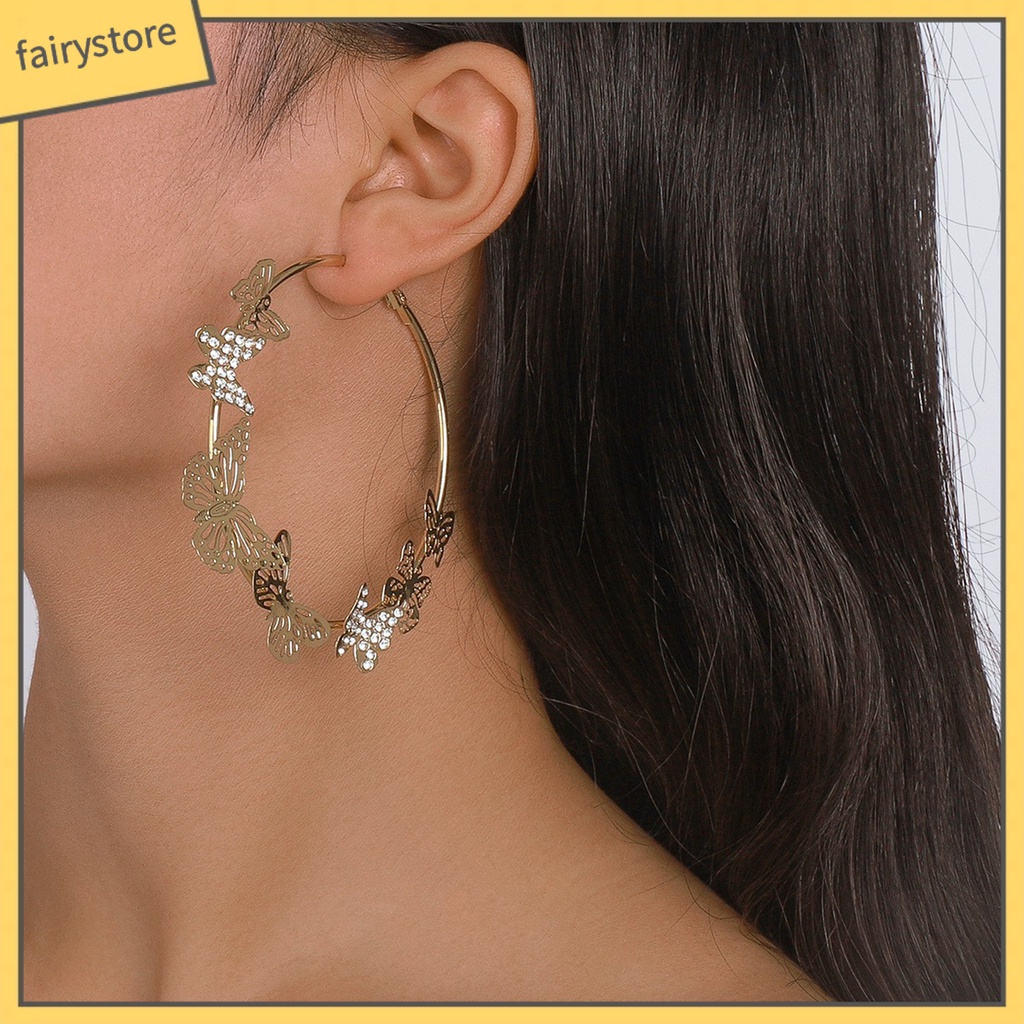 1 Đôi Bông Tai Tròn Đính Đá Hình Bướm 3D Sáng Bóng Phong Cách Vintage Dành Cho Nữ