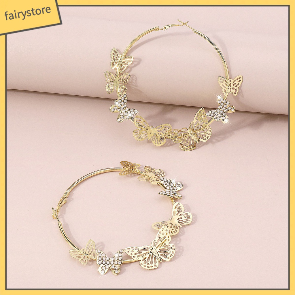 1 Đôi Bông Tai Tròn Đính Đá Hình Bướm 3D Sáng Bóng Phong Cách Vintage Dành Cho Nữ