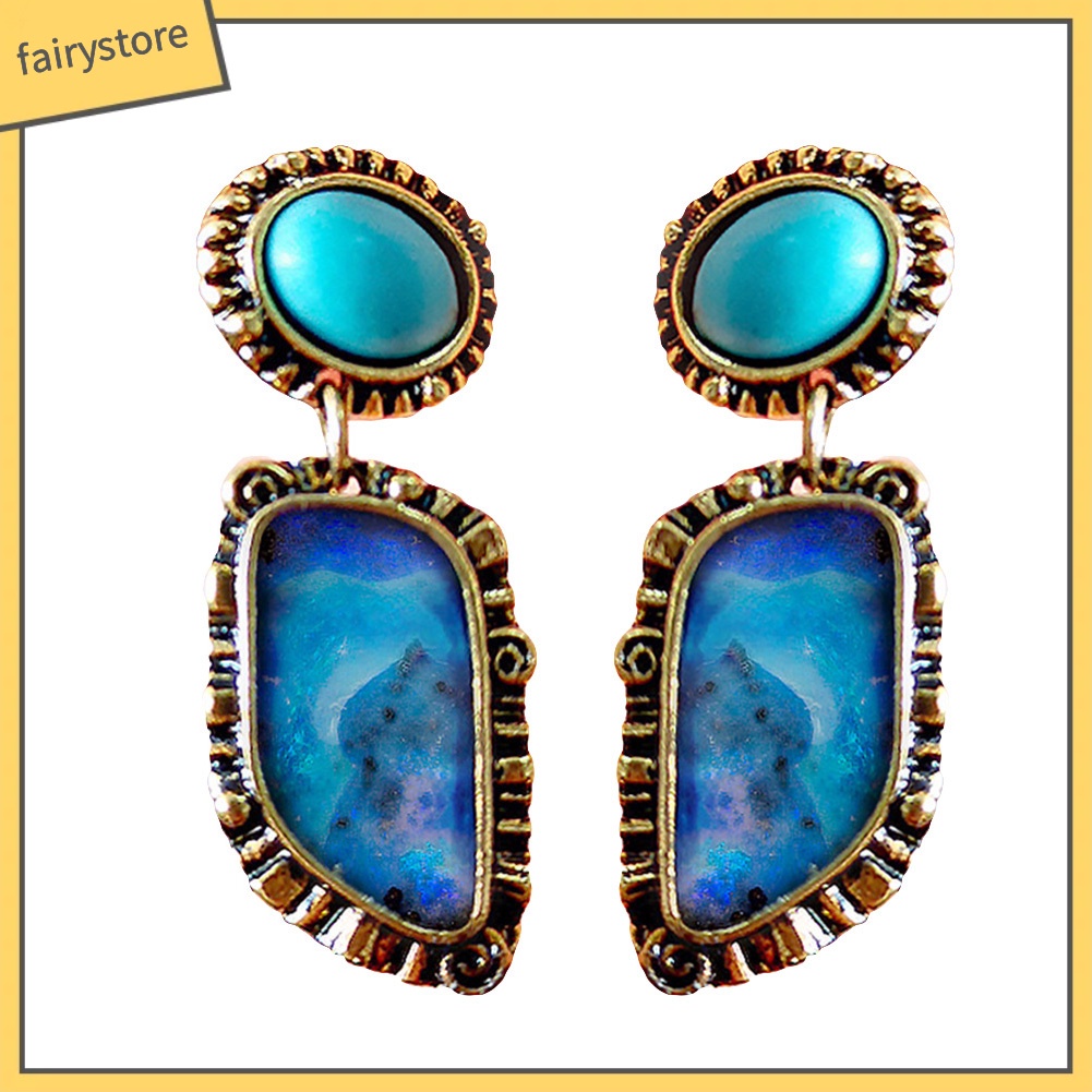 Bông Tai Dáng Dài Đính Đá Ngọc Lam Giả Phong Cách Vintage Thời Trang Cho Nữ