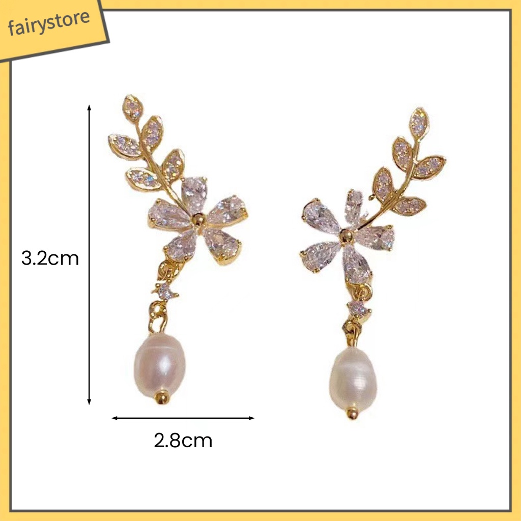 1 Đôi Bông Tai Hình Hoa Lá Đính Ngọc Trai Nhân Tạo Thời Trang