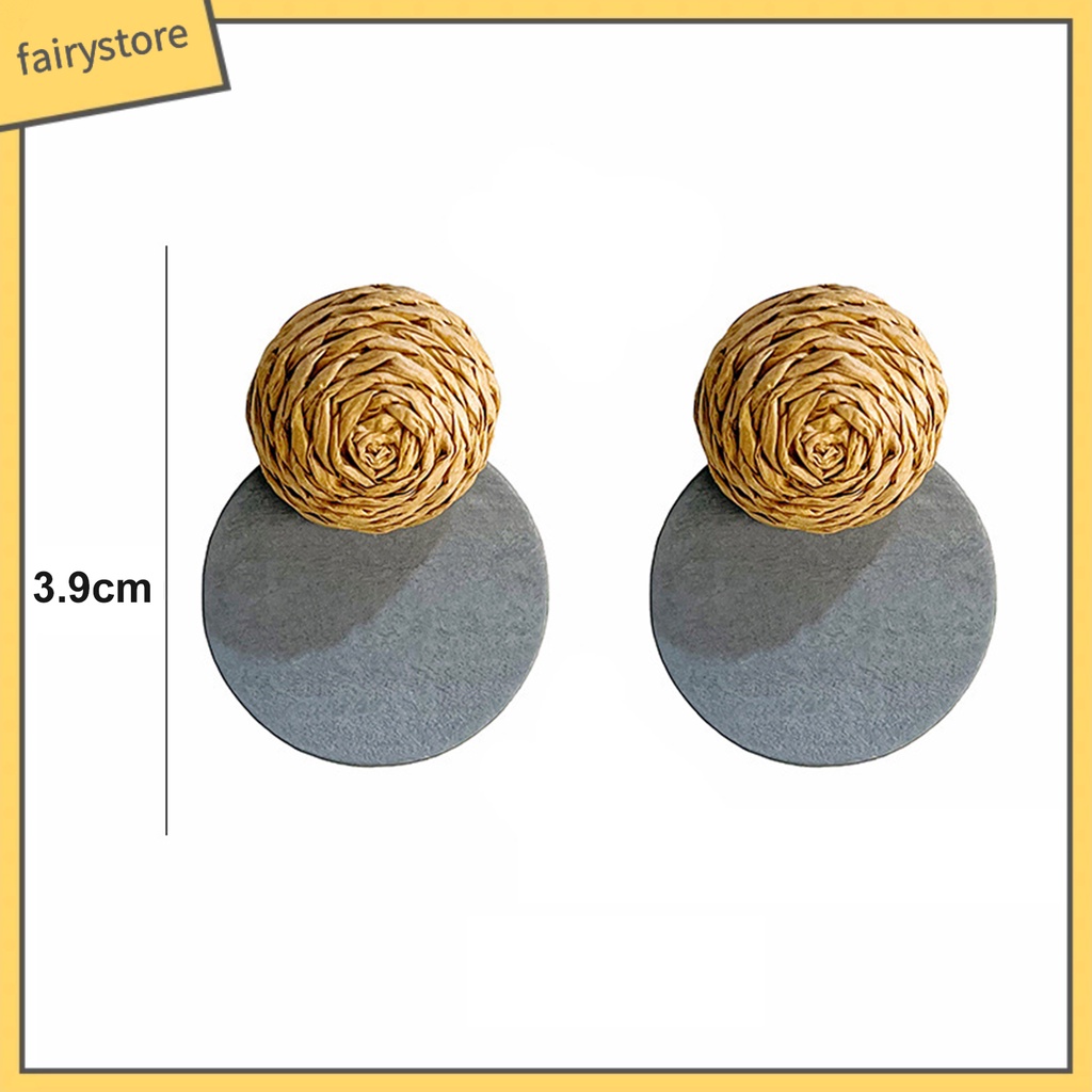 [FRO] 1 Đôi Bông Tai Xỏ Lỗ Bằng Gỗ Rơm Đan Kiểu Retro Mộc Mạc Đơn Giản Cho Nữ