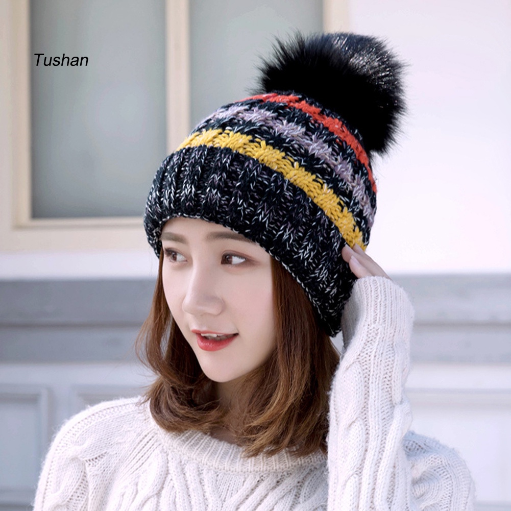 Mũ Len Beanie Đính Quả Bông Nhiều Màu Thời Trang Thu Đông Cho Nữ