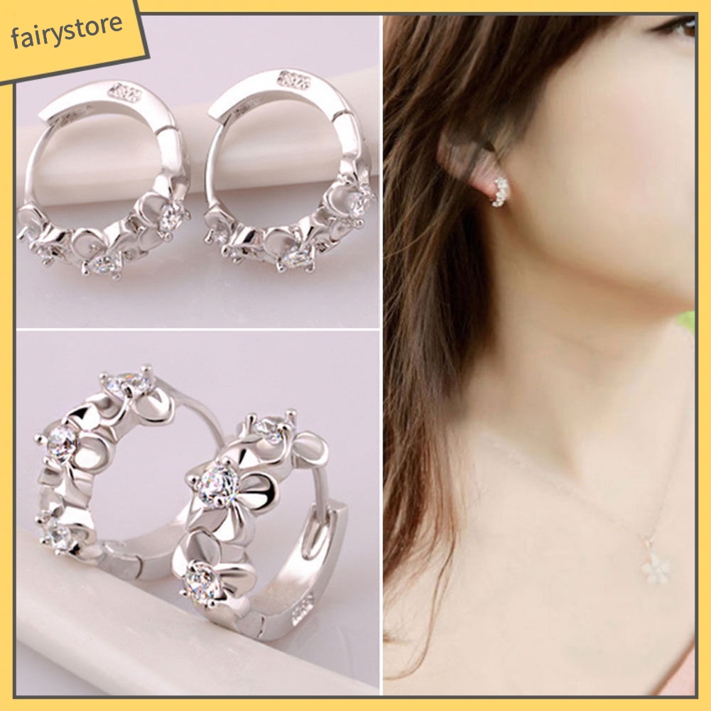 Bông Tai Mạ Bạc 925 Hình Hoa Đính Đá Ngọt Ngào Hoops