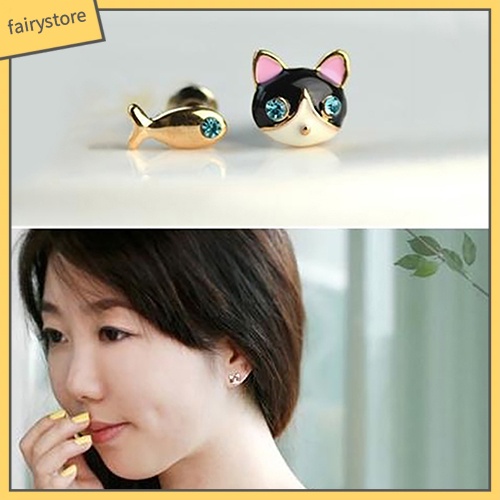 1 Đôi Bông Tai Hình Mèo Và Cá Đính Đá Thời Trang Hàn Quốc Dành Cho Nữ