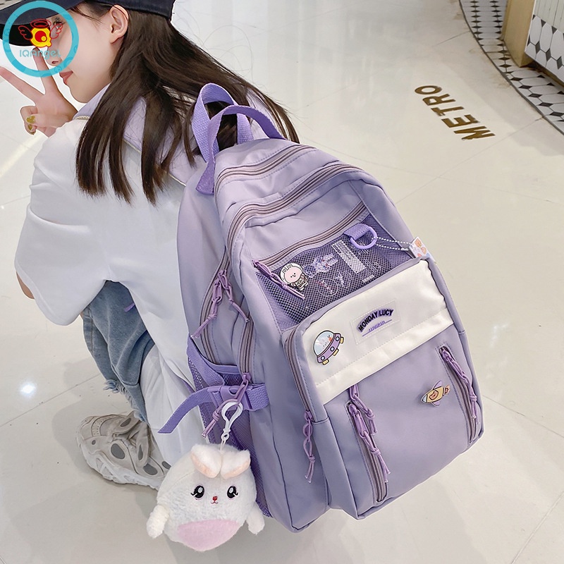 Iq Ba Lô Đi Học Chất Liệu nylon Màu Tương Phản Chống Nước Thoáng Khí Sức Chứa Lớn Phong Cách Hàn Quốc Hợp Thời Trang