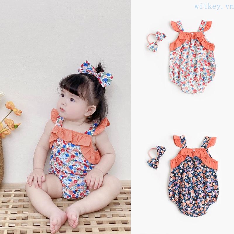 Bộ Áo Liền Quần Sát Nách Bằng Vải Cotton In Hoa + Băng Đô Cài Tóc Phối Bèo Thời Trang Cho Bé Gái