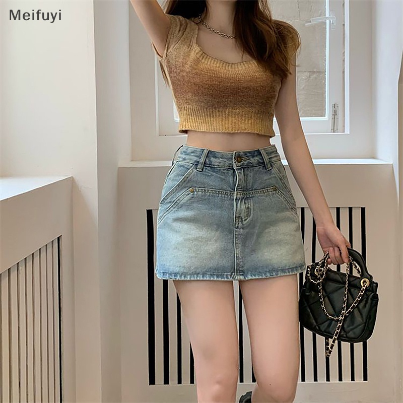 [Meifuyi] Chân váy jean Dáng Chữ A Lưng Cao Ôm Eo Vintage Mỹ Mùa Hè
