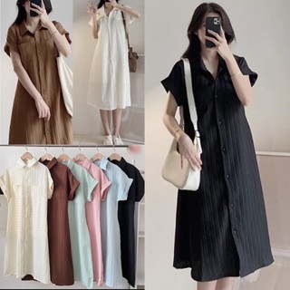 Váy sơ mi ngắn tay dáng suông kèm váy 2 dây set đầm nữ cổ đức chất đũi sước xoè chữ A phong cách hàn quốc ulazzang SEE2T