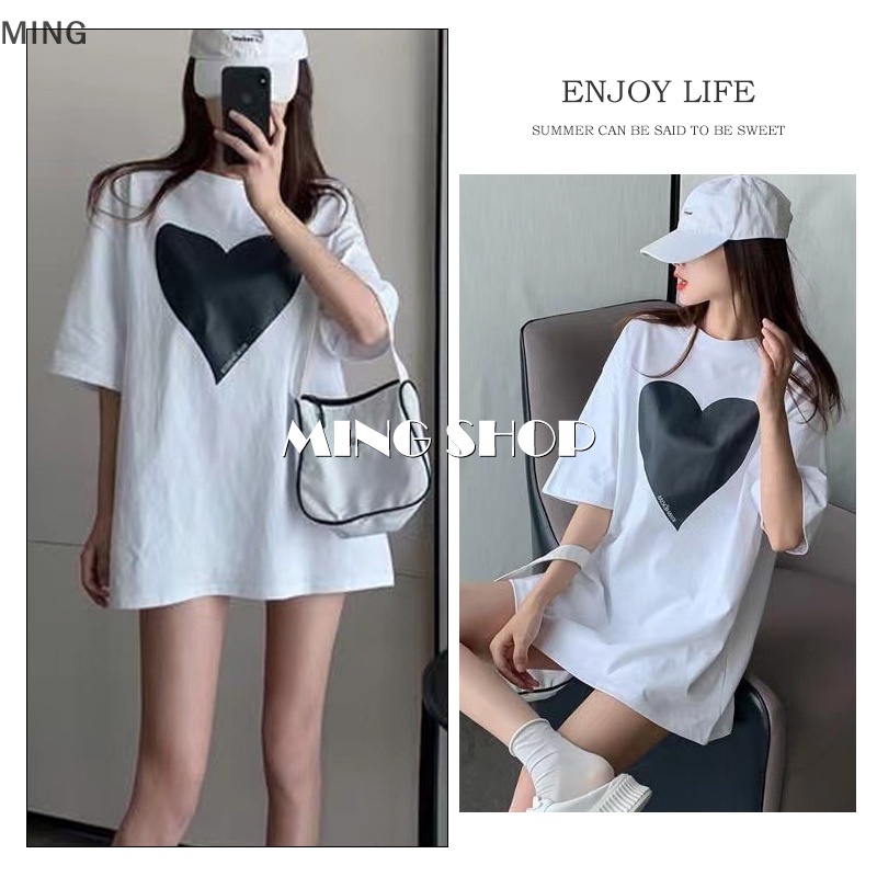 Áo Thun Tay Ngắn Cổ Tròn Dáng Rộng In Hình Trái Tim Thời Trang Mùa Hè Cho Nữ