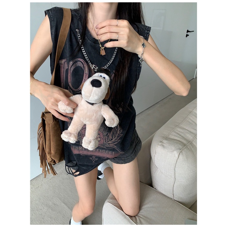 SUXI Áo Thun Sát Nách Dáng Dài Rộng Cổ Tròn In Họa Tiết Kiểu Vintage Cá Tính