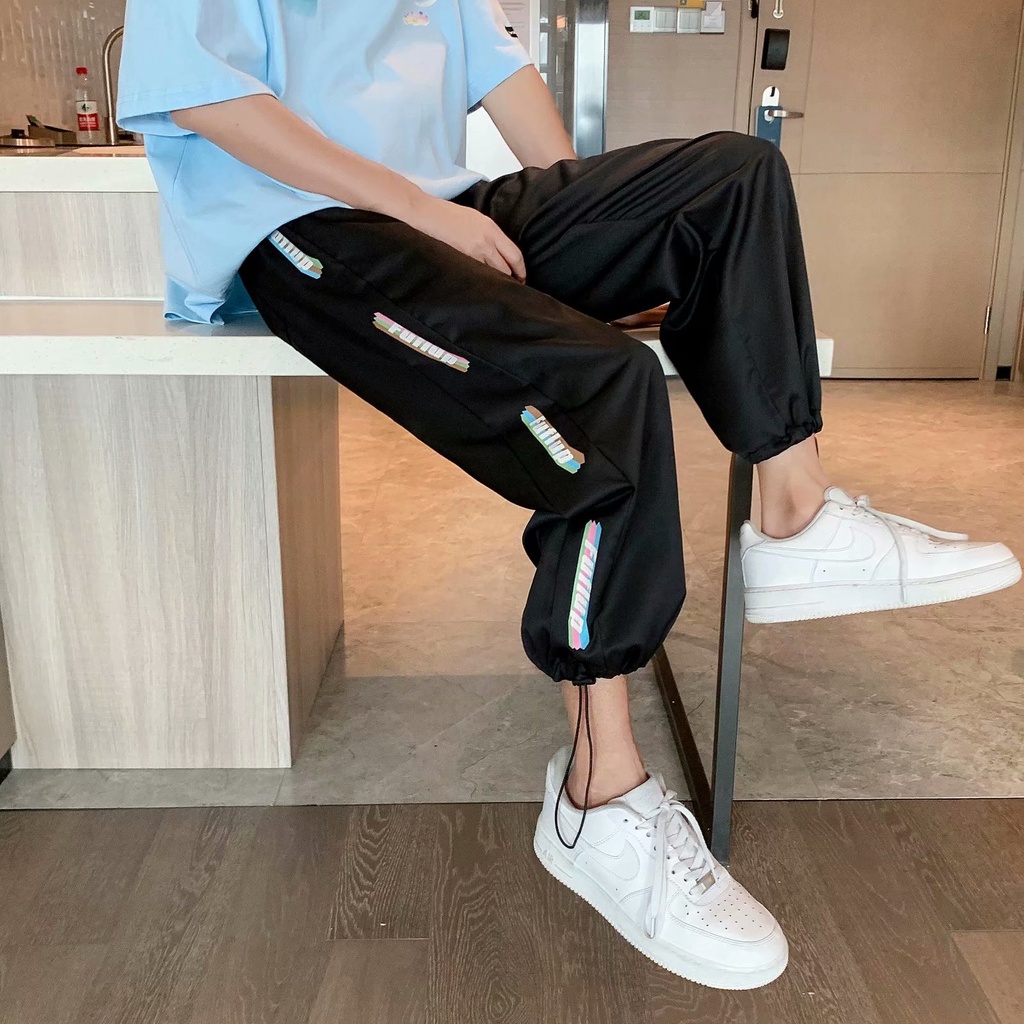 Quần Thể Thao Dài Đến Mắt Cá Chân Dáng Rộng Chất Lụa Lạnh Mỏng In Chữ Màu Cầu Vồng Thời Trang Mùa Hè