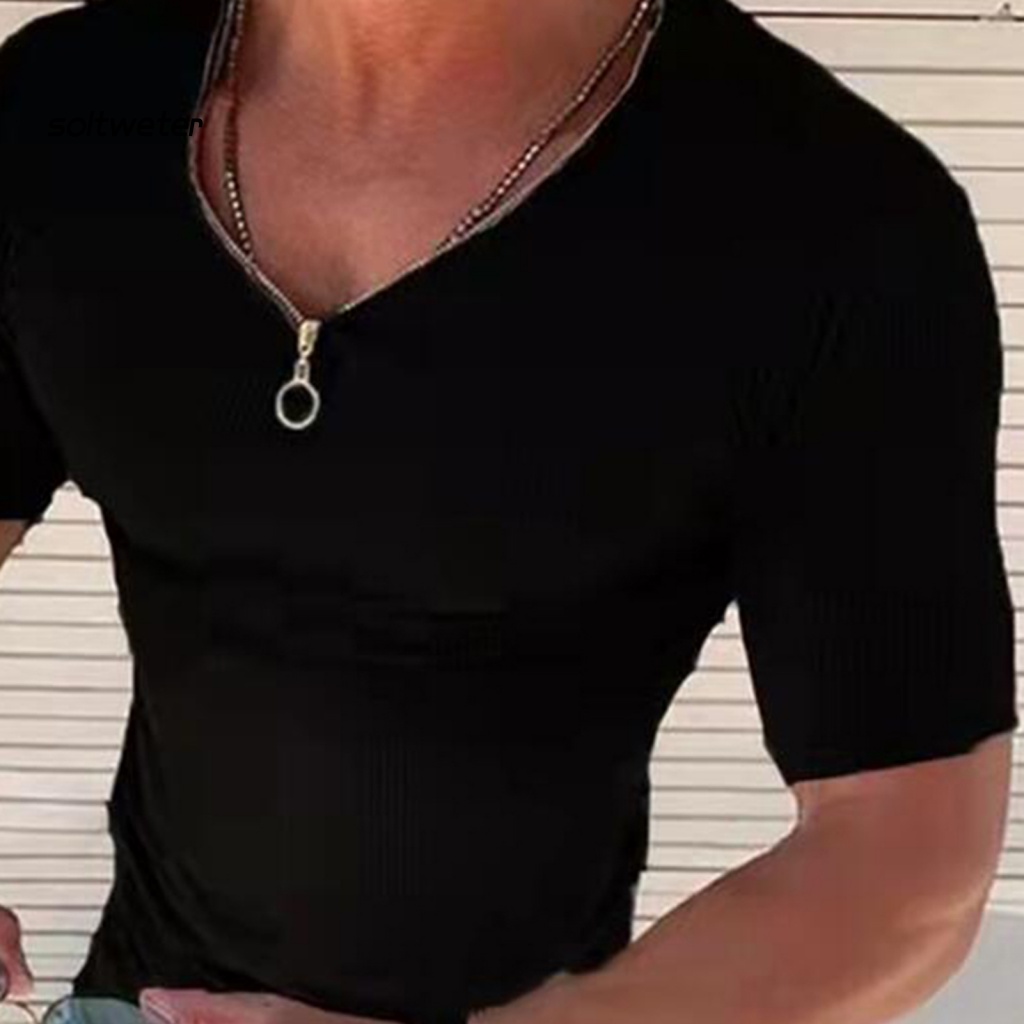 Áo Thun Cổ Tròn Màu Sắc Đơn Giản Có Khóa Kéo Thời Trang Mùa Hè Cho Nam