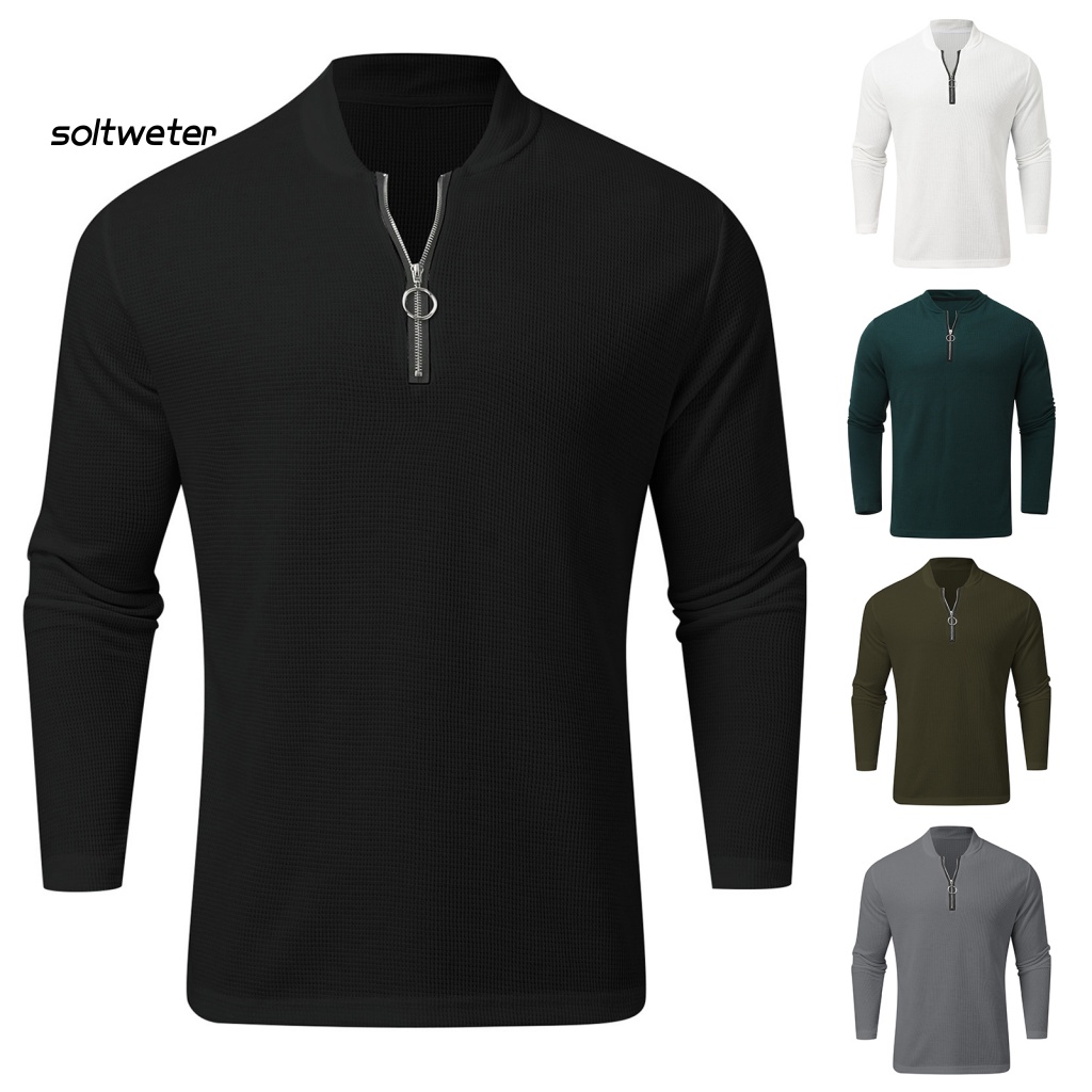 Áo Thun Tay Dài Cổ Đứng Ôm Dáng Mềm Mại Màu Trơn Có Khóa Kéo Thời Trang Mùa Thu Cho Nam