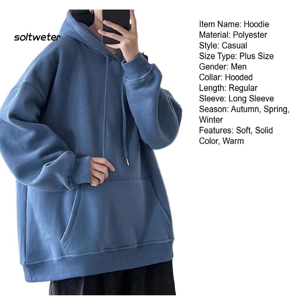 Áo Hoodie Tay Dài Dáng Rộng Màu Trơn Giữ Ấm Plus Size Thời Trang Mùa Đông Cho Nam