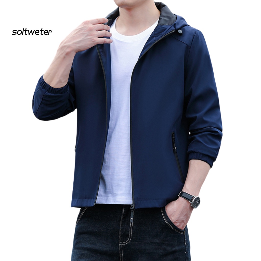 Áo Khoác Có Nón Và Khóa Kéo Màu Sắc Đơn Giản Phong Cách Đường Phố Hàn Quốc Cho Nam