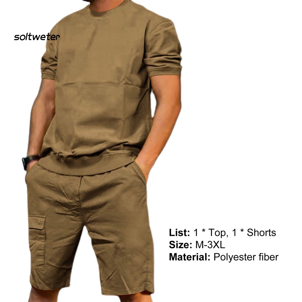 1 Bộ Đồ Thể Thao Áo Tay Ngắn Cổ Tròn Màu Trơn Phối Quần Lưng Thun Có Túi Thời Trang Cho Nam